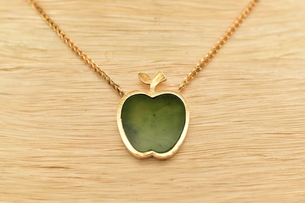 Vintage Apple Pendant Choker Necklace Green Glass Cabochon Inlay SS Signed BinK